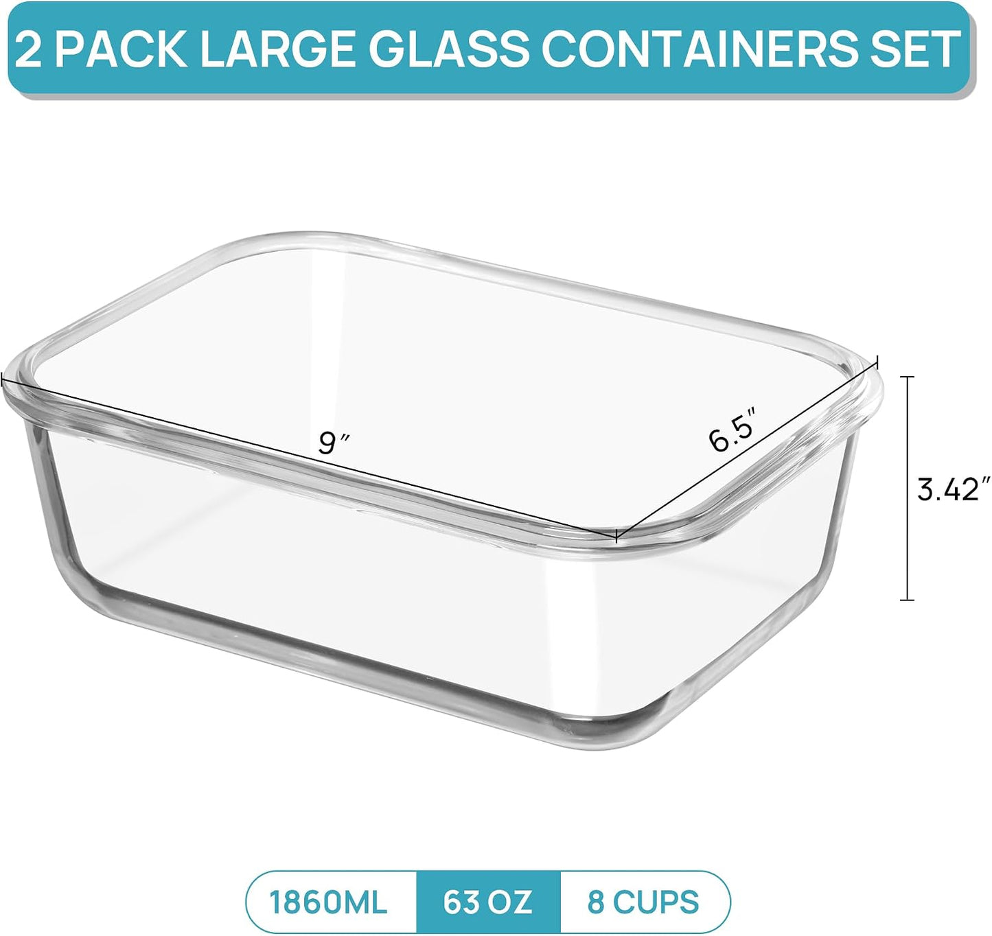 Vtopmart 2Pack 2260ml/ 76.4oz Large Glass Containers Food Storage with Lids, Meal Prep Food Container Set with Snap Airtight Lid for Baking, Microwave, Oven, Leak Proof, for Freezer, Dishwasher, Green