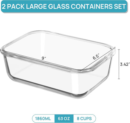 Vtopmart 2Pack 2260ml/ 76.4oz Large Glass Containers Food Storage with Lids, Meal Prep Food Container Set with Snap Airtight Lid for Baking, Microwave, Oven, Leak Proof, for Freezer, Dishwasher, Green