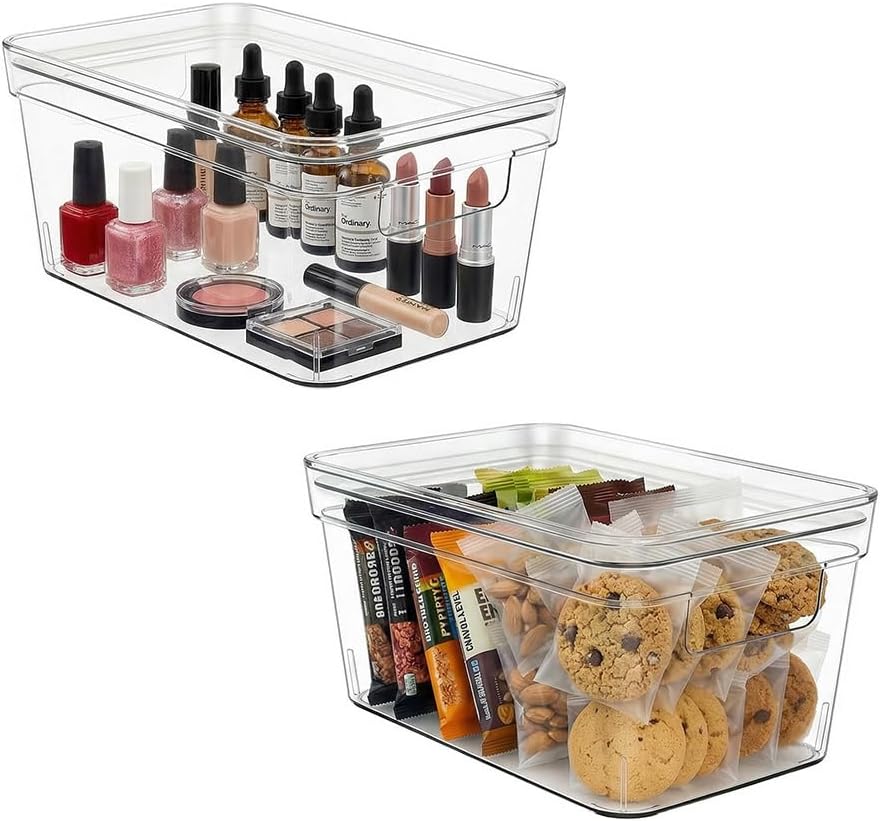MOONEDGE 4-Pack 10x6x5 Stackable Small Clear Storage Bins with Lids | Plastic small item organizer containers with handles for vanity, craft, office, fridge, kitchen, pantry, bathroom and closet