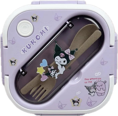 Bento Lunch Box Container Set with 3 Compartments Portable Personal Sealed Plastic Utensils Food Container Cute Kawaii Anime Kitty Bunny Dog (Pink Kitty)