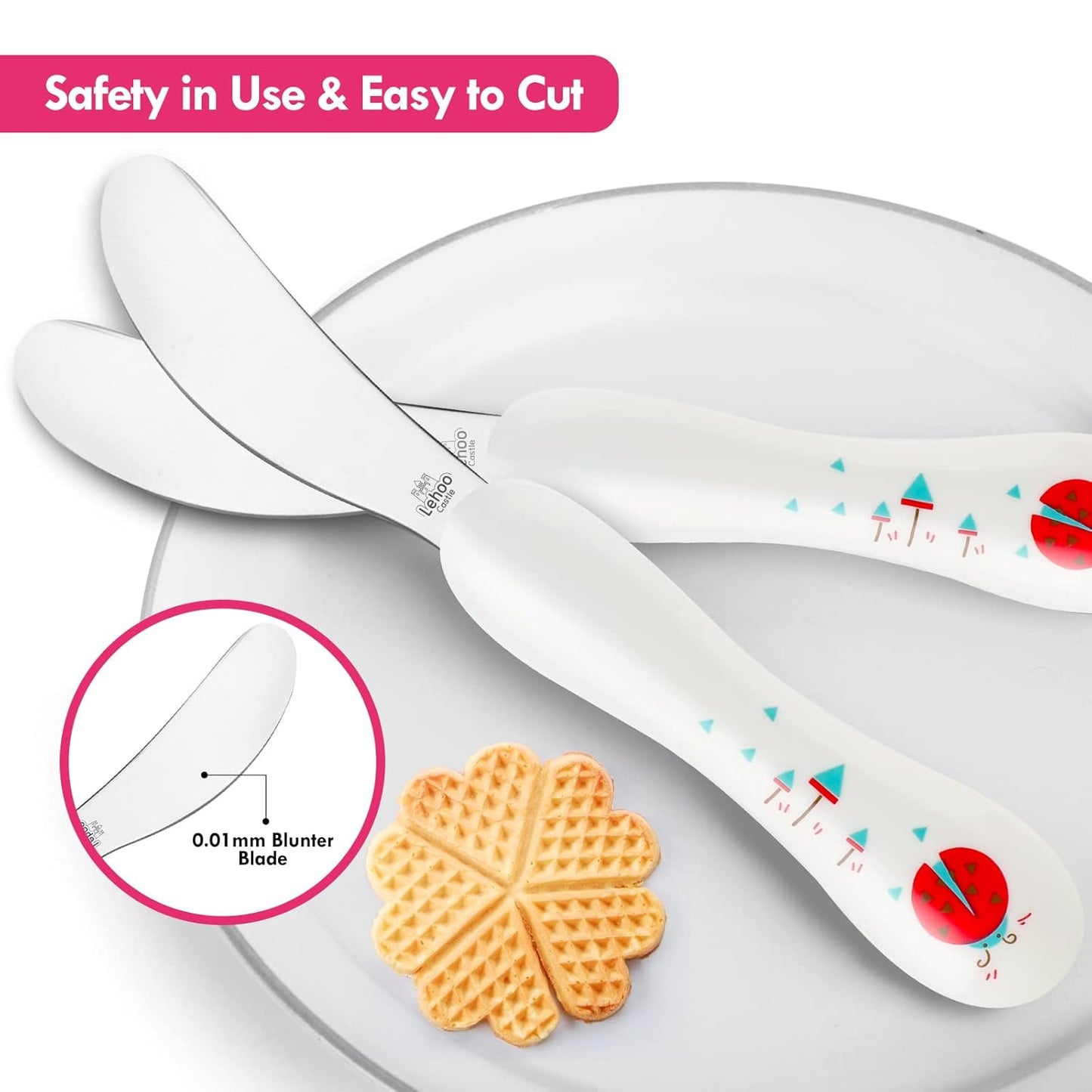 Lehoo Castle 6 Pieces Toddler Utensils, Kids Silverware for 2 3 4 Years Old, Stainless Steel Fork and Spoon Set with Plastic Handle, Safe Toddler Cutlery (Dinosaur)