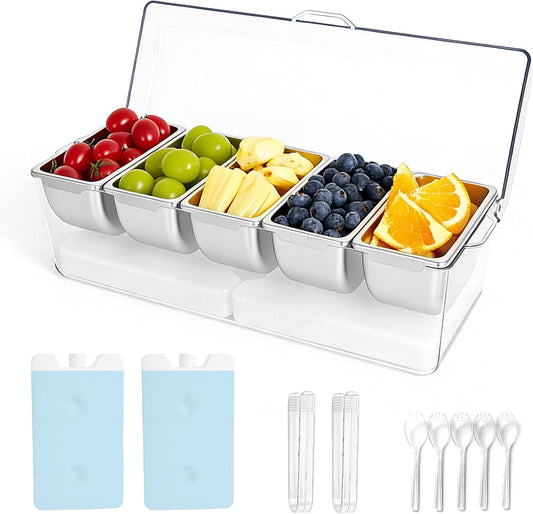 Chilled Condiment Caddy with 5 Stainless Steel Compartments – Condiment Containers with Lids, Serving Tray for Party, Bar, Salad, Taco & Fruit Garnish, Includes 2 Ice Packs, 5 Forks and 2 Tongs