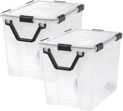 IRIS USA 106 Quart WEATHERPRO Wheeled Plastic Storage Bin Tote Organizing Container with Durable Lid and Seal and Secure Latching Buckles, Clear/Black, 3 Pack