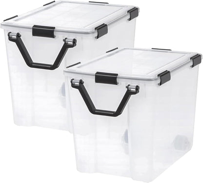 IRIS USA Storage Bins with Lids, WeatherPro Wheeled 106 Qt, Plastic, 3 Pack | Weather-tight gasket, wheels, and secure latches protect camping gear, tools, holiday décor, clothing, and documents.