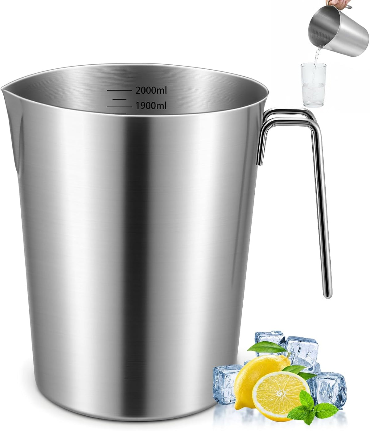 2L 18/8 Stainless Steel Measuring Cup with Handle and Pour Lip, 304 stainless pitcher with marking with handle, 68OZ/2 Liter- 8 Cup, Heavy-Duty Pitcher