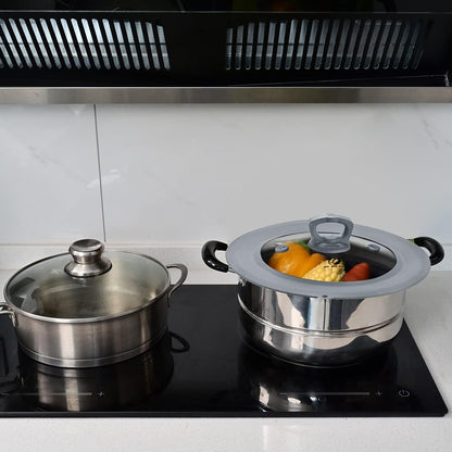 Vented Tempered Glass Universal Lid for Pot Pan Skillet with Heat Resistant Silicone Rim Microwave Splatter Lid Cover Microwave Safe Fit 11.5" 12" 12.5" Cookware, Dishwasher Safe Grey