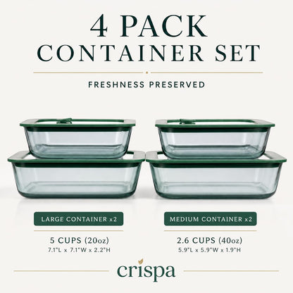 Crispa 8-Piece Teal Square Glass Food Storage Containers with Silicone Glass Lids – 100% Plastic-Free (2x 40oz, 2x 20oz) – Leakproof, Airtight, Freezer, Microwave and Dishwasher Safe