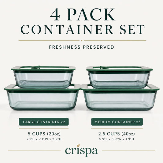Crispa 8-Piece Teal Square Glass Food Storage Containers with Silicone Glass Lids – 100% Plastic-Free (2x 40oz, 2x 20oz) – Leakproof, Airtight, Freezer, Microwave and Dishwasher Safe