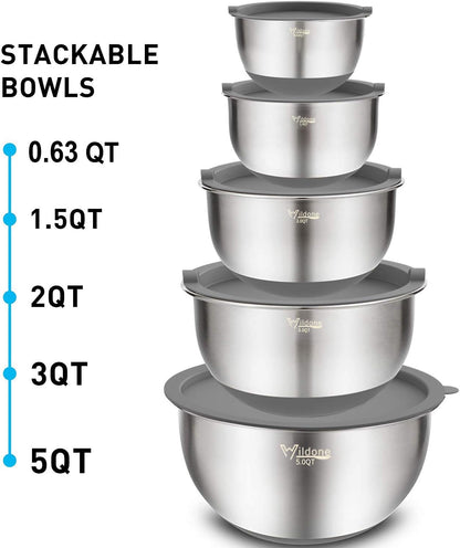 Wildone Mixing Bowls with Airtight Lids Set, 5PCS Stainless Steel Khaki Nesting Bowls for Kitchen, with Grater Attachments & Non-Slip Bottoms, Size 5, 3, 2, 1.5, 0.63 QT, Great for Mixing & Serving