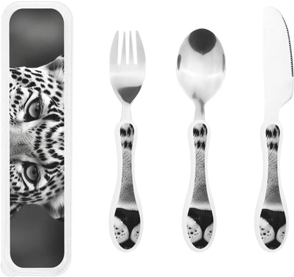 3-Piece Kids Silverware Set With Storage Case, Stainless Steel Reusable Children Safe Knife Spoon Fork Set Blue Eyed Dog Children Flatware Set For Kids Lunch Box