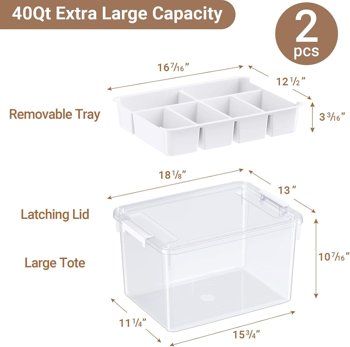 40Qt Stackable Storage Bins with Lids & Trays, Clear Plastic Latching Boxes Organizers with Dividers Portable 10Gal Containers for Arts & Crafts, Home and Car Trunk Organization, 2Pack