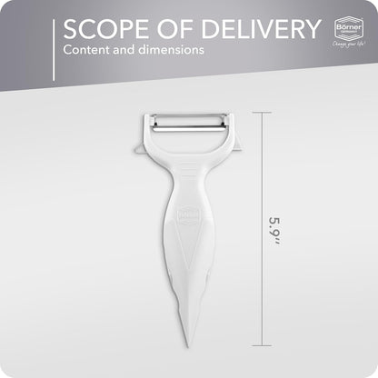 Börner Vegetable Peeler (6-in-1) • Garnishing Peeler with Grater • Multifunctional Peeler for Fruits & Vegetables • Fruit Peeler, Universal Peeler, Potato Peeler • Color: White