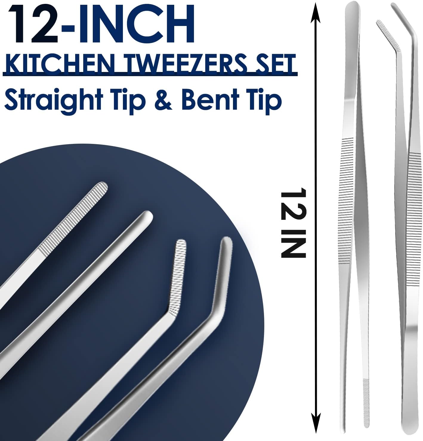 Gutsdoor Kitchen Tweezers Set Stainless Steel Tongs Tweezers Set of 2 with Precision Serrated Tips for Cooking (8 Inch Set)