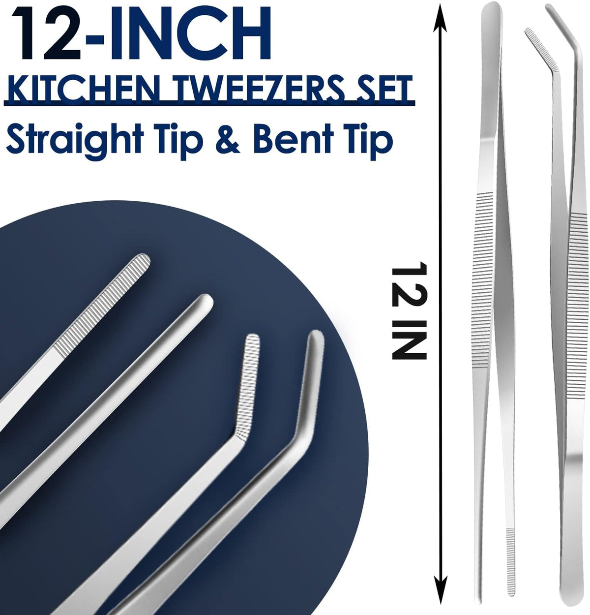 Gutsdoor Kitchen Tweezers Set Stainless Steel Tongs Tweezers Set of 2 with Precision Serrated Tips for Cooking (8 Inch Set)