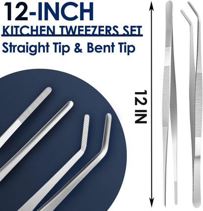 Gutsdoor Kitchen Tweezers Set Stainless Steel Tongs Tweezers Set of 2 with Precision Serrated Tips for Cooking (8 Inch Set)