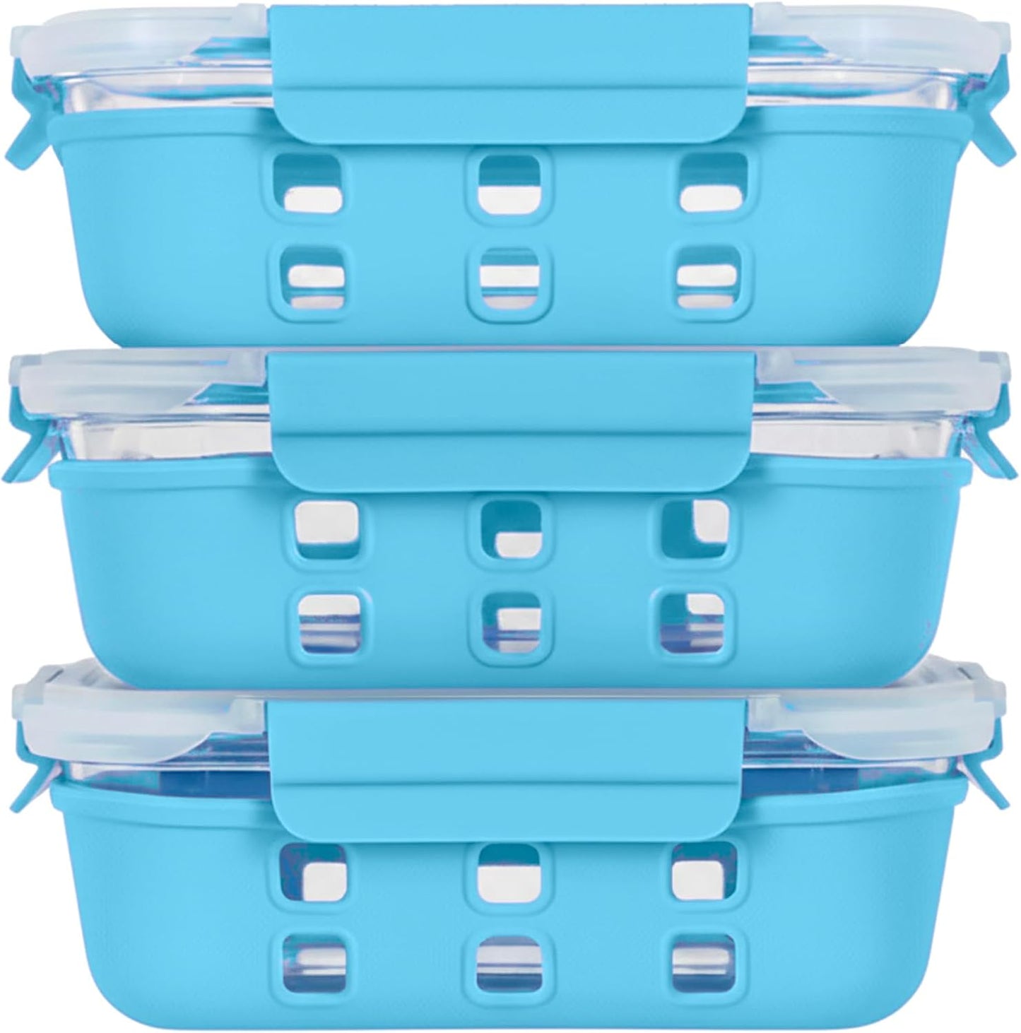 ECOBERI Glass Meal Prep Containers with Silicone Sleeves, 3 Piece 4.5 Cup Set, Borosilicate Glass Food Storage with Leak-Resistant Lids, Oven, Microwave, Freezer and Dishwasher Safe
