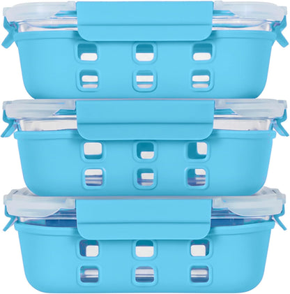 ECOBERI Glass Meal Prep Containers with Silicone Sleeves, 3 Piece 4.5 Cup Set, Borosilicate Glass Food Storage with Leak-Resistant Lids, Oven, Microwave, Freezer and Dishwasher Safe