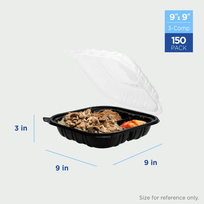 Karat Premium PP Hinged Container [150 ct], Take Out Food Containers - Case (9"x9", 3 compartments)