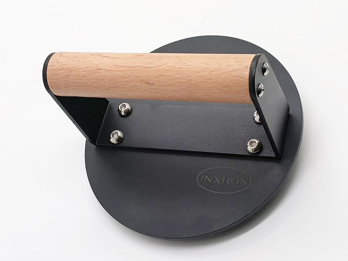 Kitchen Tools Heavy Duty Cast Iron Grill Press Burger Press Bacon Press Barbecue Press Meat Press Burger Smasher Griddle Press Round Flat Press with Anti Scalding Wooden Handle (6INCH)