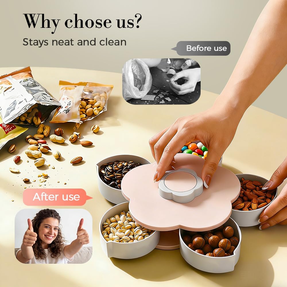 Divided Serving Tray that Spins, Flower Shaped Rotating Snack Container with Lid, 5-Compartment Twist and Turn Snack Fruit Food Platter Tray for Picnic Parties Home Kitchen (Pink)