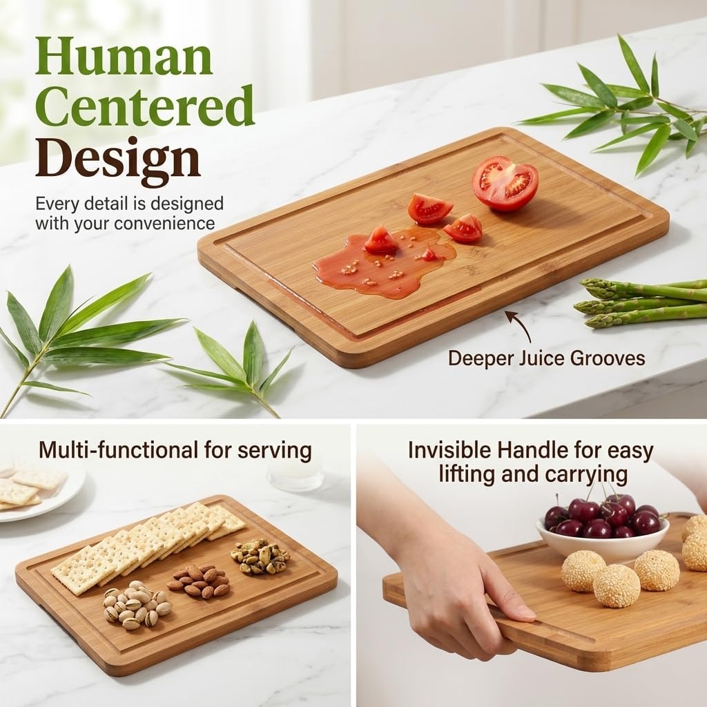 3-Piece Deep Carbonized Bamboo Cutting Board Set with Vertical Drying Stand | Wooden Chopping Boards for Kitchen | Extra Deep Juice Grooves & Easy-Carry Side Handles | Gift-Ready