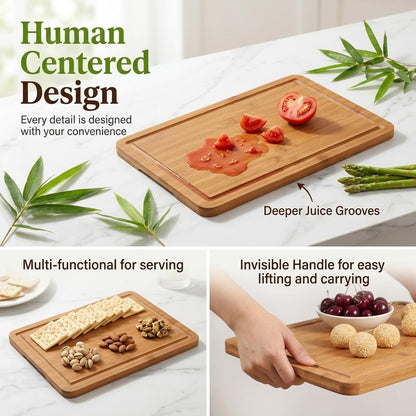 3-Piece Deep Carbonized Bamboo Cutting Board Set with Vertical Drying Stand | Wooden Chopping Boards for Kitchen | Extra Deep Juice Grooves & Easy-Carry Side Handles | Gift-Ready
