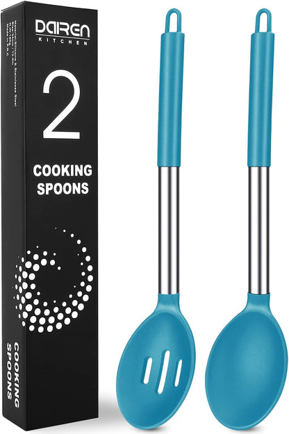 Pack of 2 Large Silicone Cooking Spoons, BPA Free Kitchen Scoops (Black)