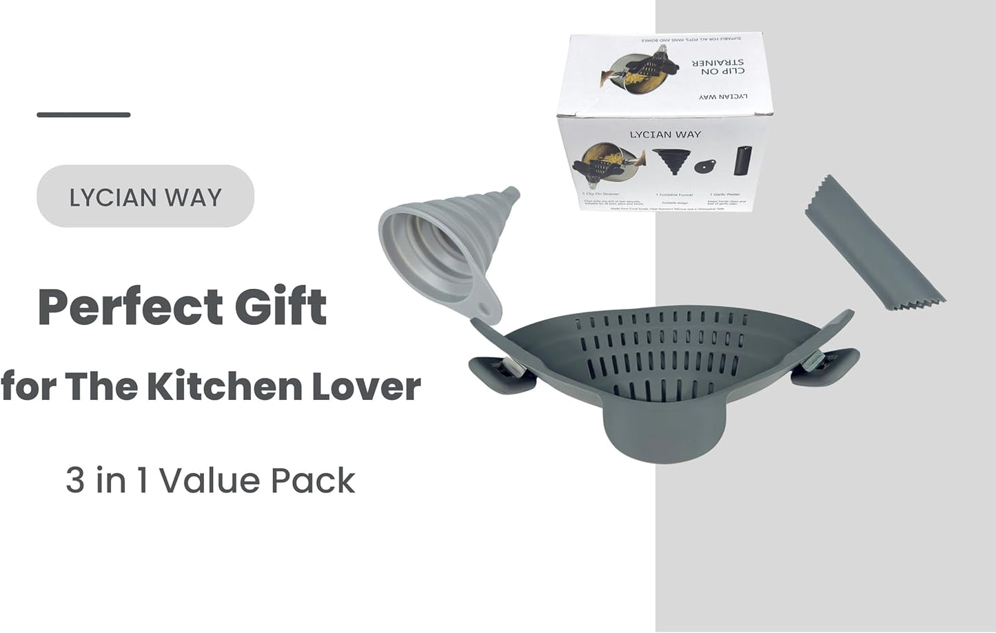 Clip On Strainer Silicone for Pots and Pans, Universal Fit Pasta Strainer and Pot Colander, Space Saving Food Drainer with Collapsible Funnel and Garlic Peeler, 3 Pcs Set, Gray