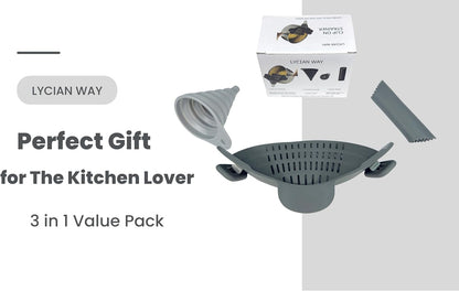 Clip On Strainer Silicone for Pots and Pans, Universal Fit Pasta Strainer and Pot Colander, Space Saving Food Drainer with Collapsible Funnel and Garlic Peeler, 3 Pcs Set, Gray
