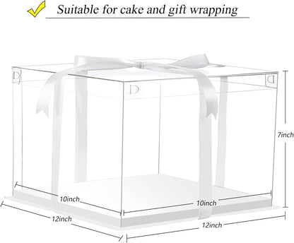 XININSUN 2Pcs Large Cake PET Clear Box, 10" X 10" X 9" with ribbon and pre-folded lid, for 8" cake packing carry, baking cookie display, Carry Tall Layer Gift, Festive Gift Box -White