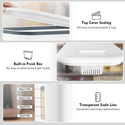 Rice Dispenser,22Lbs-25Lbs Rice Container with Measuring Cup, Upgraded Lid Time Dials & Built-in Fresh Box Rice Container Storage for Home Kitchen Pantry Stores Rice - White Capacity 22Lbs-25Lbs
