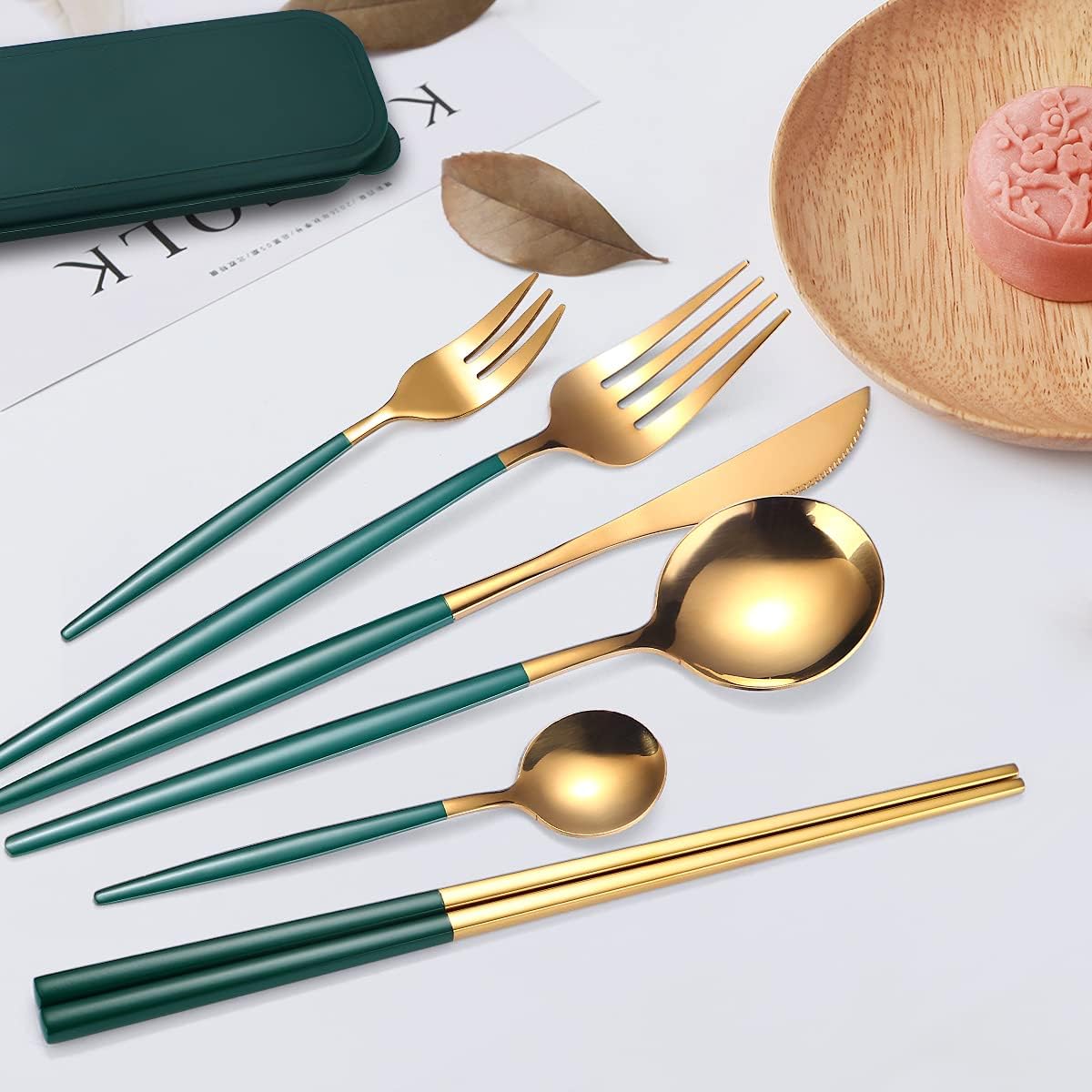 AARAINBOW 8 Pieces Stainless Steel Flatware Set Portable Reusable Cutlery Set Travel Utensils Set Including Chopsticks Knife Fork Spoon Straws Cleaning Brush Dishwasher Safe (Pink Golden)