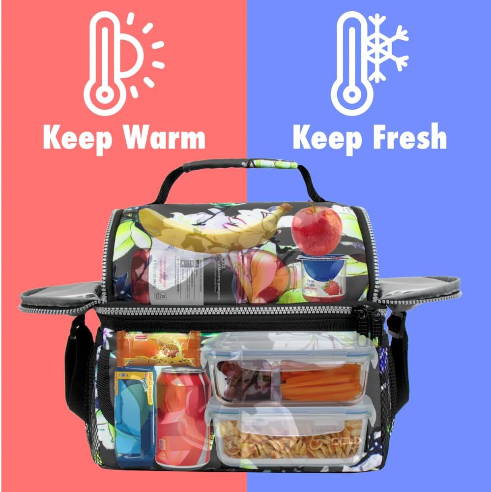 opux Insulated Lunch Bag Women Men, Dual Compartment Leakproof Lunch Box Adults Kids, Double Decker Meal Prep Bento Lunch Cooler Tote with Shoulder Strap for Work Office School Travel, Floral Purple