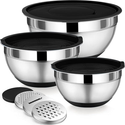P&P CHEF Mixing Bowl with Lids Set of 3, Stainless Steel Nesting Salad Bowls for Serving Preparing, 3 Grater Attachments & Non-Slip Bottoms, Size 1.5/2.6/4.6 QT, Khaki
