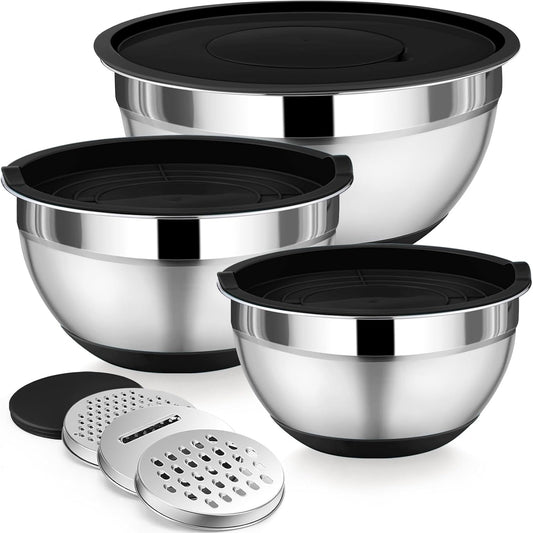 P&P CHEF Mixing Bowl with Lids Set of 3, Stainless Steel Nesting Salad Bowls for Serving Preparing, 3 Grater Attachments & Non-Slip Bottoms, Size 1.5/2.6/4.6 QT, Khaki