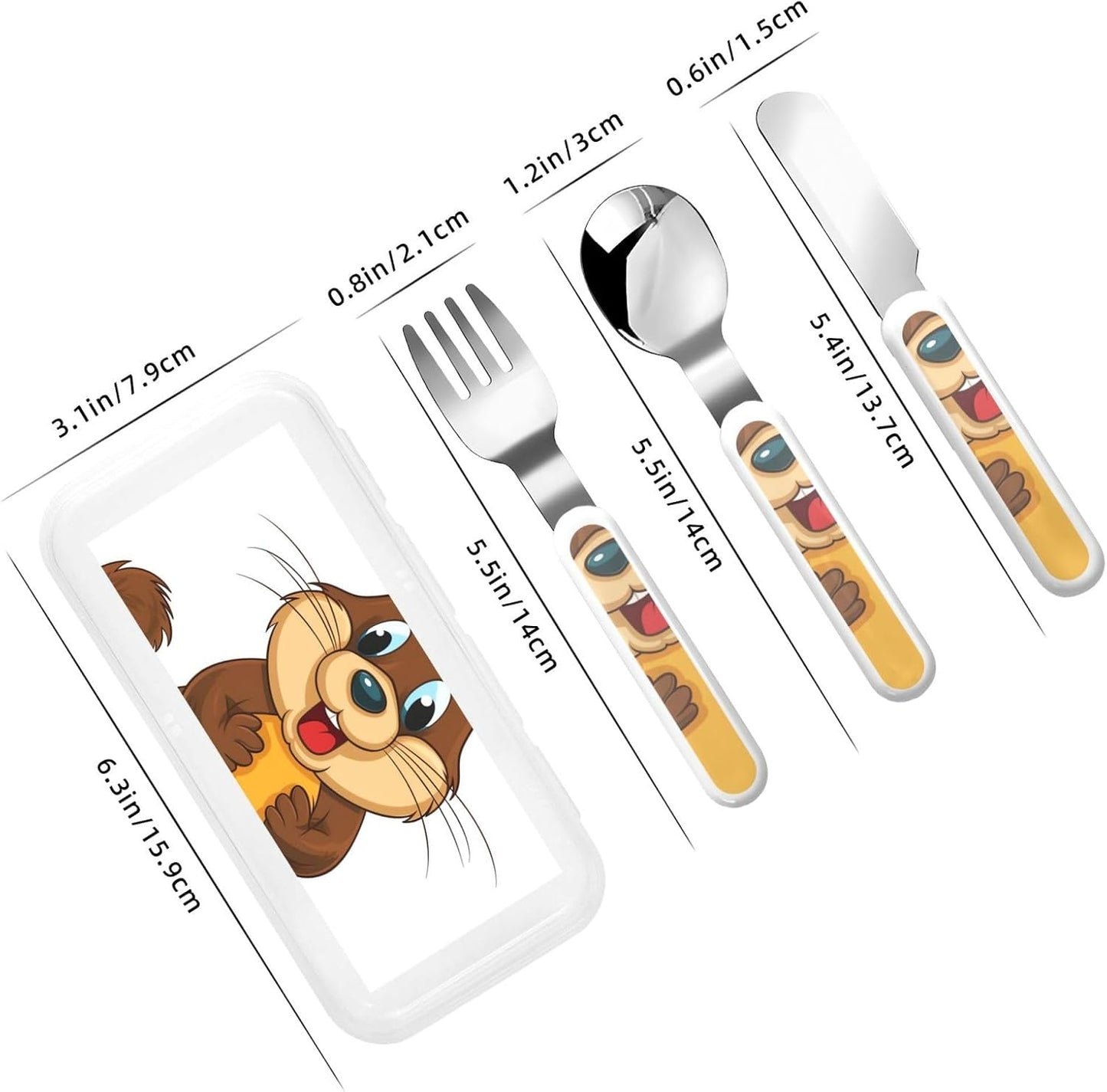 3-Piece Kids Silverware Set With Storage Case, Stainless Steel Reusable Children Safe Knife Spoon Fork Set Cartoon Animated Beaver Children Flatware Set For Kids Lunch Box