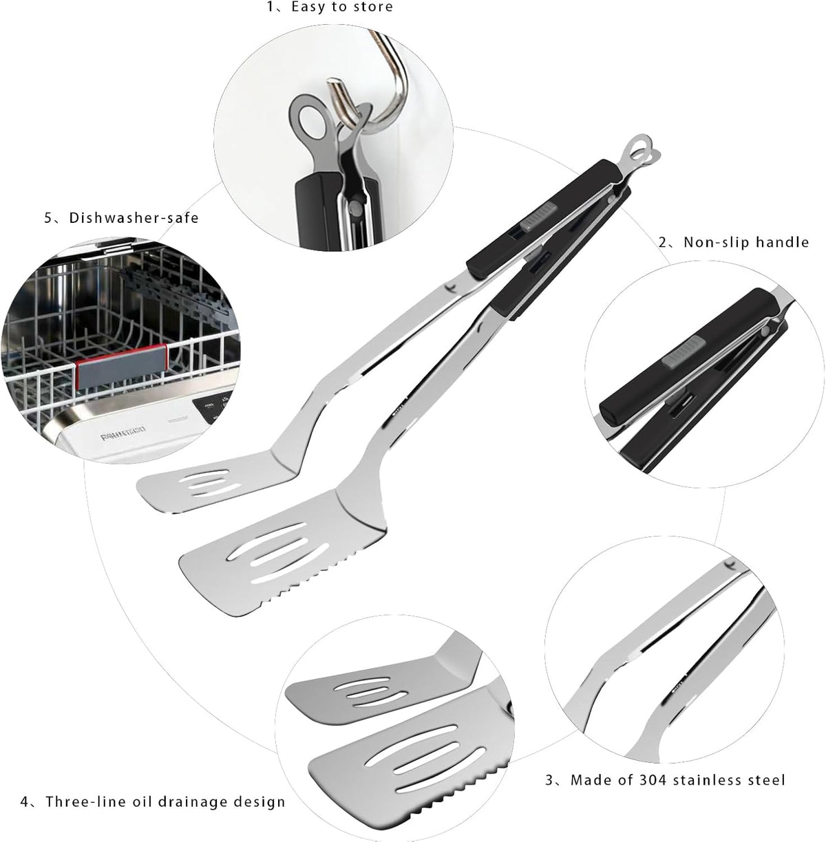 13.5-inch Stainless Steel Tongs for Cooking – Versatile Metal Spatula Tongs for Flipping, Picking Up, Cutting, and Stir-Frying Meats and Other Foods. Kitchen Tongs Durable and Multifunctional.(White)