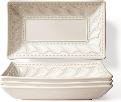Artena 9.85" Ceramic Rectangle Plates Set of 4 - Deep Lipped Edges, Appetizer Salad Sushi Pasta Dessert Plates, Microwave/Oven Safe, Cute Kitchen Dinner Restaurant Serving Dishes (Wheat Leaf)