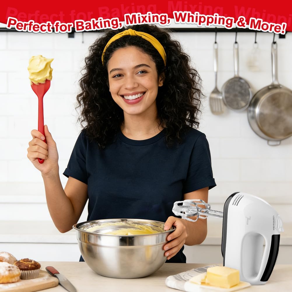 Showvigor Electric Hand Mixer with Stainless Steel Mixing Bowl Set –7 Speeds Turbo-Boost Hand Mixer with Large Mixing Bowls, Measuring Cups, Spoons & Spatula for Kitchen Cakes Eggs Baking(Pink)