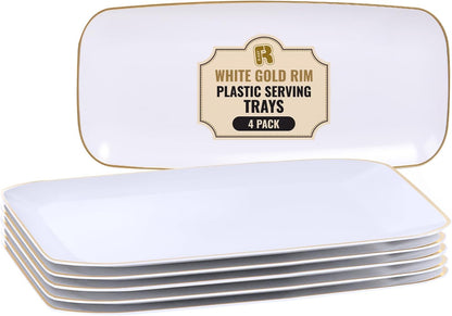 R-kay 4 Pack White Plastic Serving Trays for Party - White Serving Tray 17 by 6.5 in - Rectangular Heavy Duty Dessert Trays for Food