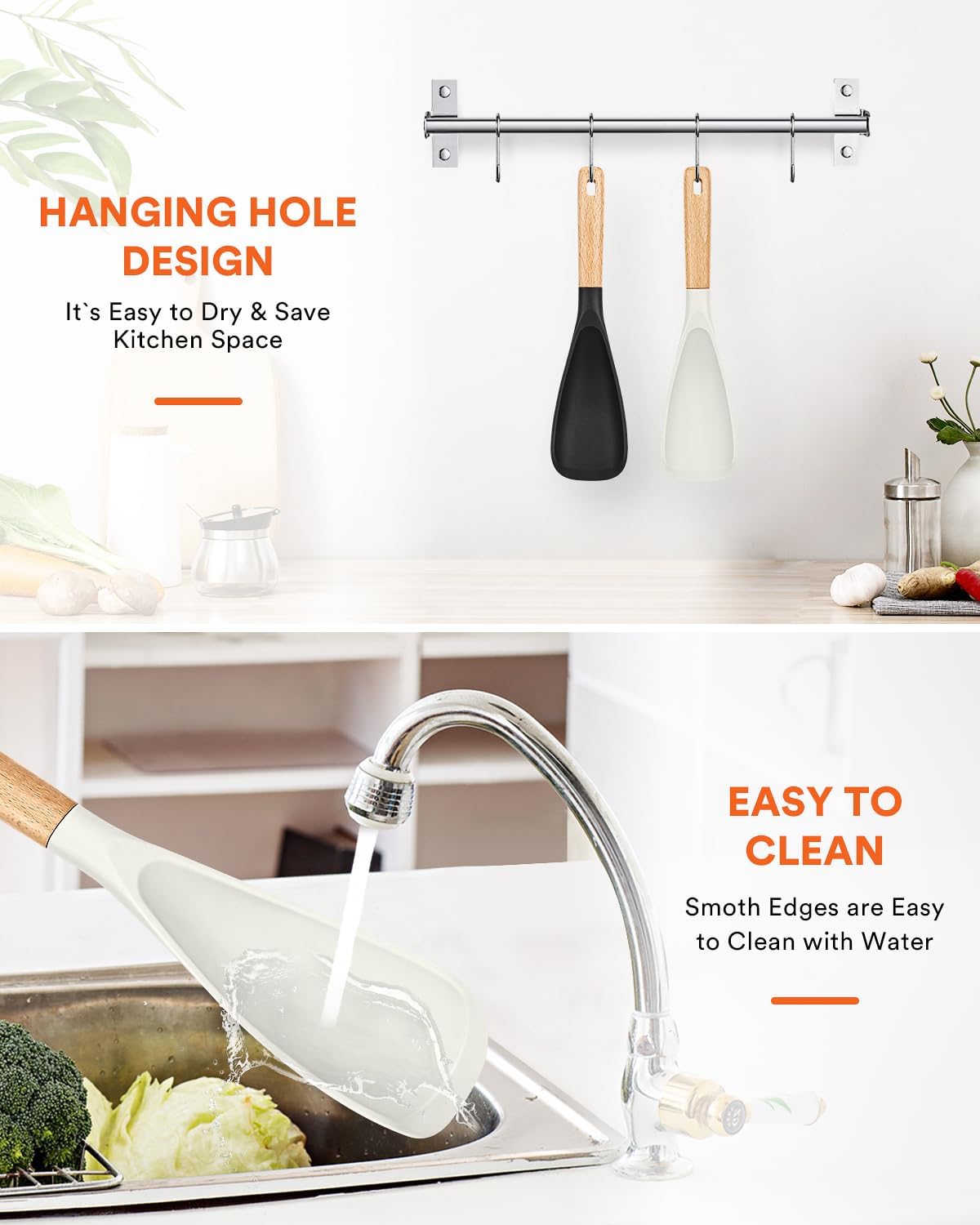 Cooking Spoon for Nonstick Cookwares, Great for Cooking and Serving Sturdy BPA-Free Matte Silicone, Wood Handle Spoon for Mixing, Scoop, and Scrape (Black & Grey, 11.4 inch)