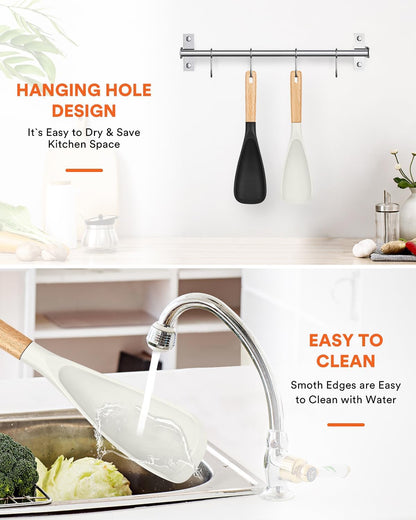 Cooking Spoon for Nonstick Cookwares, Great for Cooking and Serving Sturdy BPA-Free Matte Silicone, Wood Handle Spoon for Mixing, Scoop, and Scrape (Black & Grey, 11.4 inch)