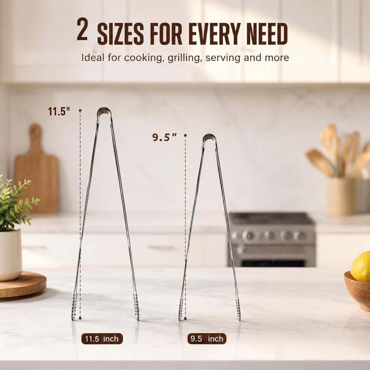 Tongs for Cooking, Long Kitchen Tweezers Set of 3, 18/8 Stainless Steel KitchenTongs with Precision Serrated Non-Slip Tips, Lightweight Durable Tweezer for Frying, Plating & BBQ(9.5"+11.5"+13.5")