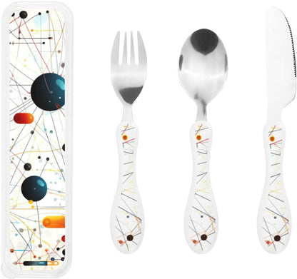 3-Piece Kids Silverware Set With Storage Case, Stainless Steel Reusable Children Safe Knife Spoon Fork Set Leaves Floral On Rustic Wood Children Flatware Set For Kids Lunch Box