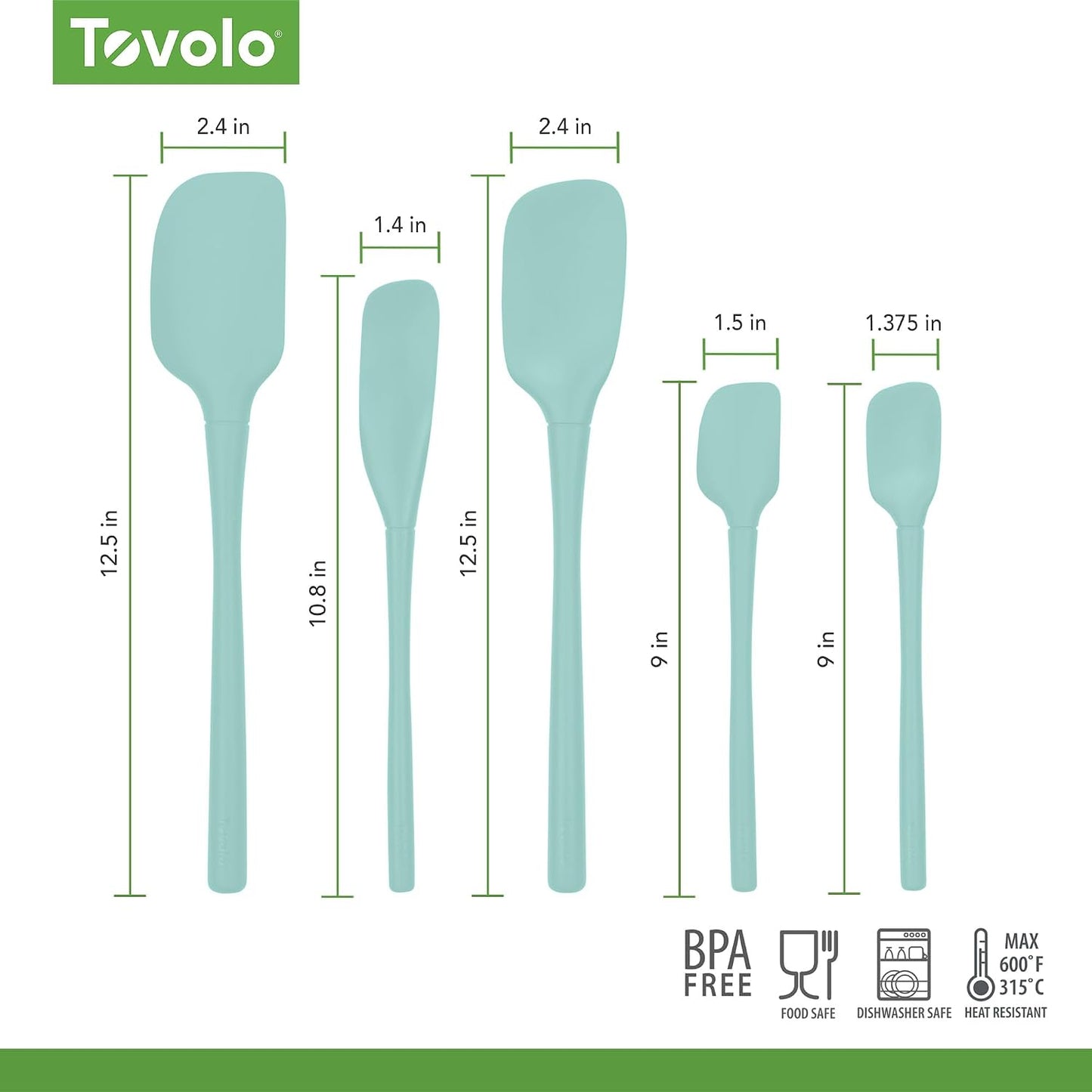 Tovolo Flex Core 5 Piece Silicone Spatula Set Heat Resistant All Silicone Utensils Include Non Stick Spatula Spoonula Jar Scraper, Dishwasher Safe BPA Free Spatulas for Baking Mixing, White