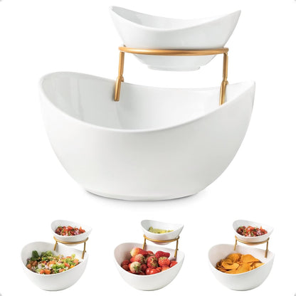 YHOSSEUN Chip and Dip Serving Set, 2 Tierd Serving Bowl Set Ceramic Chip and Dip Bowls with Stand, Serving Dishes for Entertaining Appetizer Serving Food Display Stand for Parties