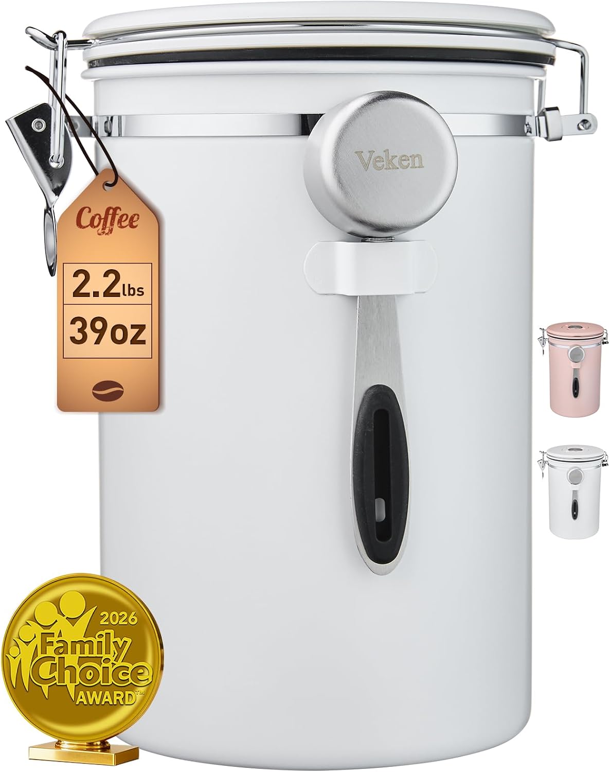 Veken Coffee Canister with Window, Family Choice Awards Winner, Airtight Stainless Steel Home Kitchen Food Storage Container with Lids for Grounds, Beans, Tea, Flour,Cereal,Sugar Jars,Scoop,16OZ,Black