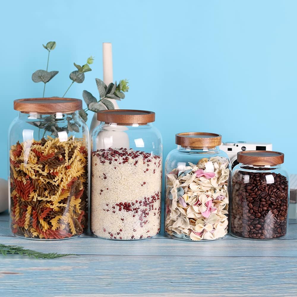 Large Glass Jar with Airtight Lid Set of 2 93 FL OZ(2750ml) glass canister set, Glass Food Containers Wooden Lid Suit for Kitchen Pantry for Flour, Tea, Coffee Beans, Sugar, Cookies(8.8 inch high)