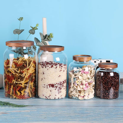 Large Glass Jar with Airtight Lid Set of 2 93 FL OZ(2750ml) glass canister set, Glass Food Containers Wooden Lid Suit for Kitchen Pantry for Flour, Tea, Coffee Beans, Sugar, Cookies(8.8 inch high)