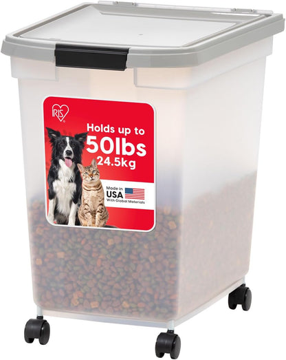 IRIS USA Airtight Dog Food Storage Container, WeatherPro, Up to 25 lbs, Removable Wheels, for Dog Cat Bird and Other Pet Food Storage Bin, Keep Fresh, Translucent Body, Made in USA, Clear/Black